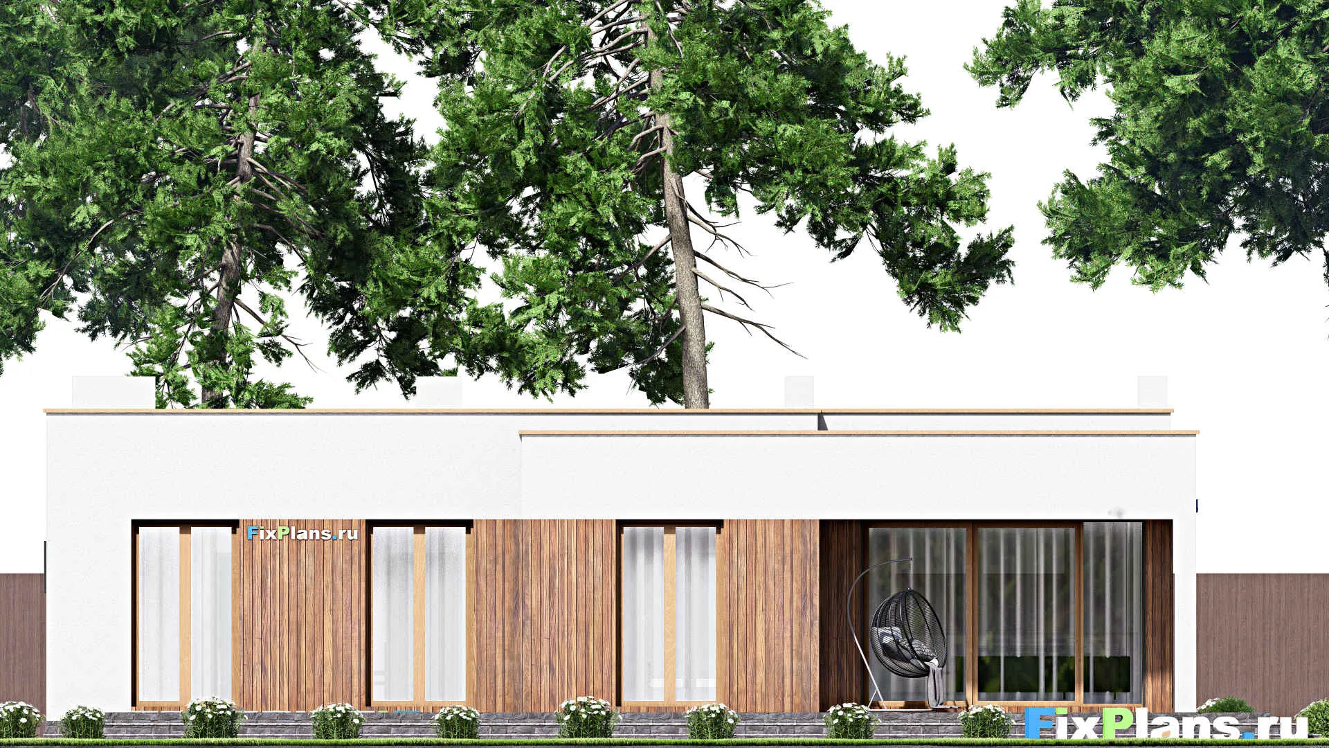 F-15839 - План одноэтажного дома 17 на 17, площадью 230 м² с террасой, гаражом на 2 машины и 3 спальнями