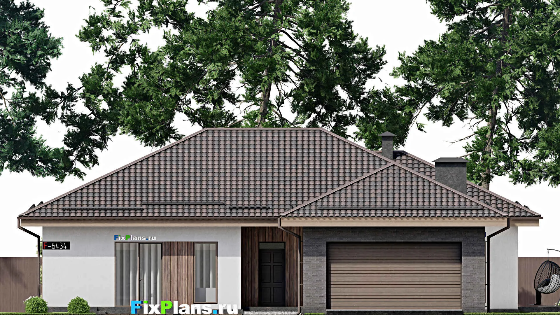 F-6434 - Проект одноэтажного дома 18 на 21, площадью 330 м² с террасой, гаражом на 2 машины и 4 спальнями