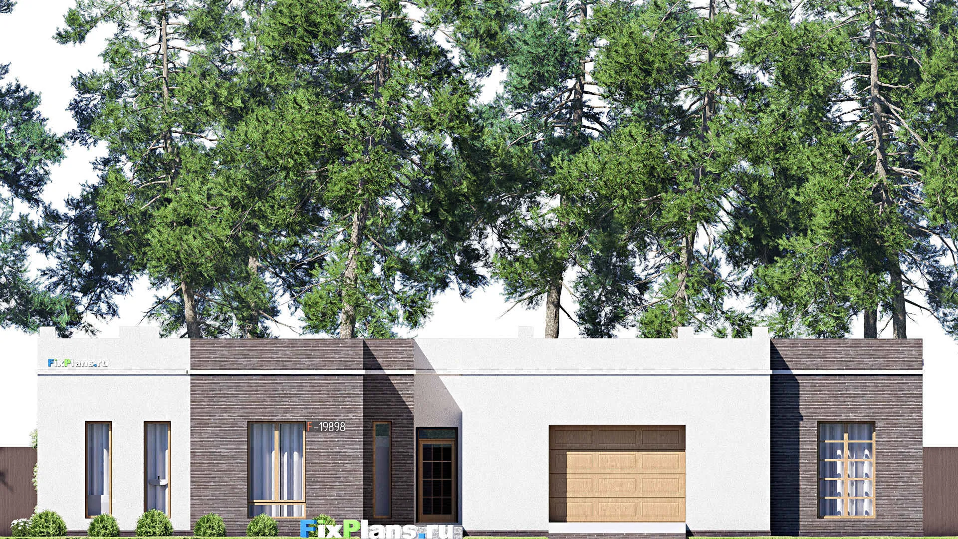 F-19898 - Проект одноэтажного дома 21 на 23, площадью 330 м² с террасой, гаражом на 2 машины и 3 спальнями