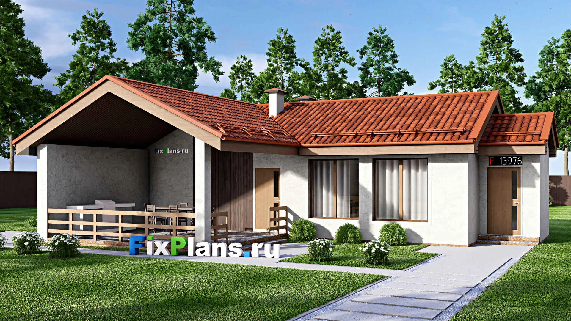 F-13976 - Проект бани 12 на 14, площадью 90 м² с терассой и санузлом