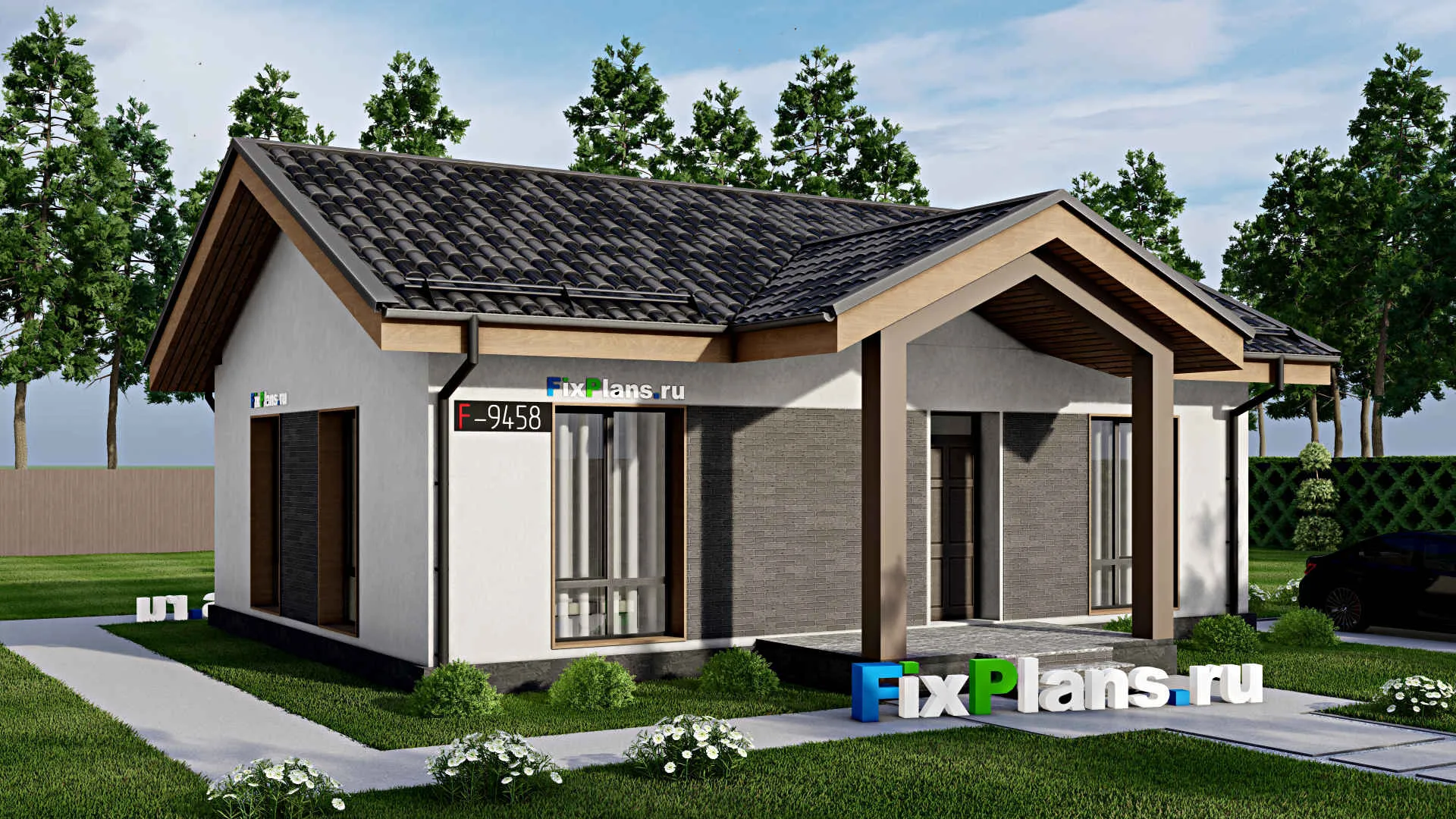 F-9458 - Проект одноэтажного дома 11 на 12, площадью 80 м² с 2 спальнями