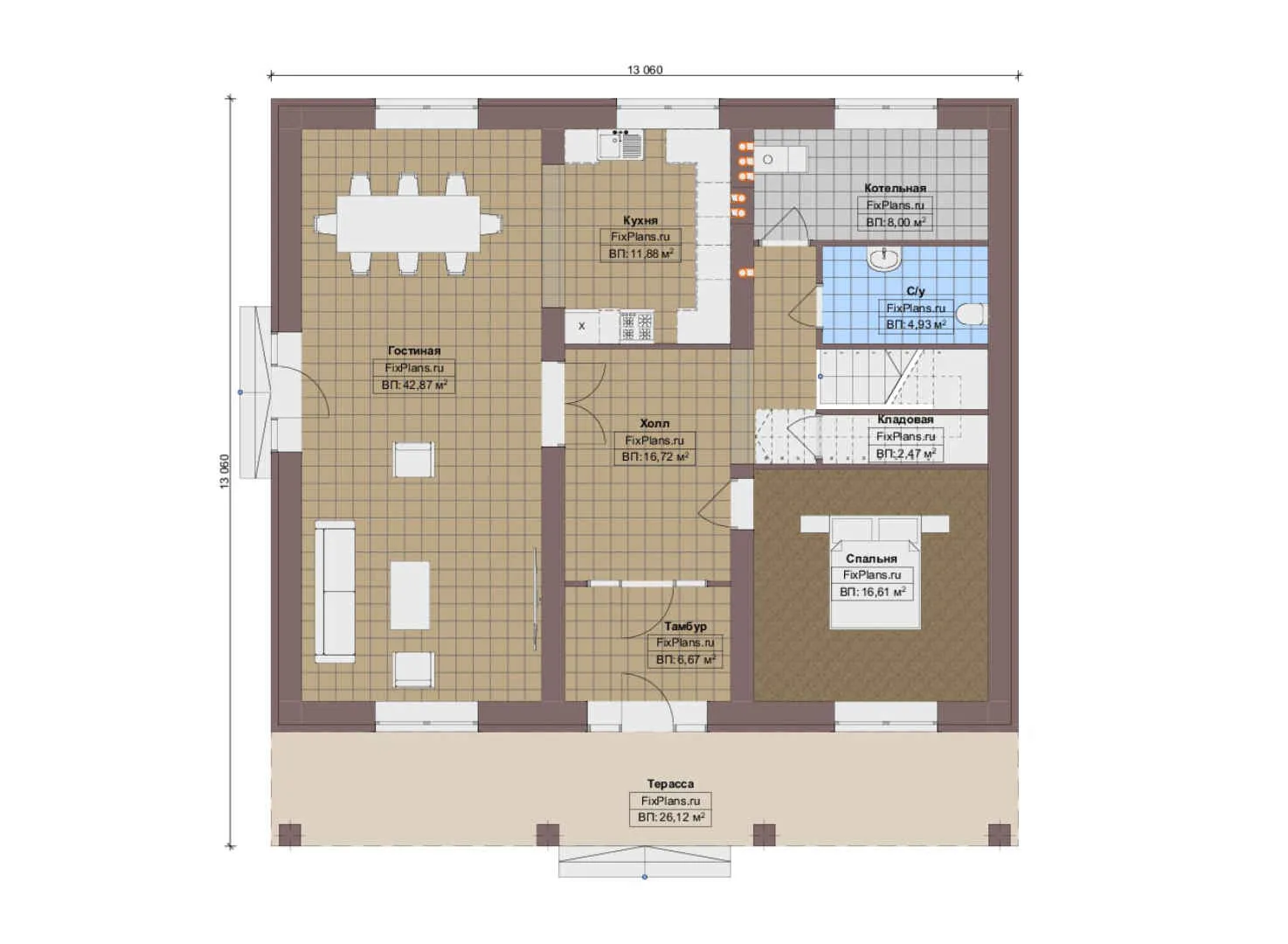 F-14723 - Планы двухэтажного дома 14 на 14, площадью 270 м² с террасой, балконом и 5 спальнями
