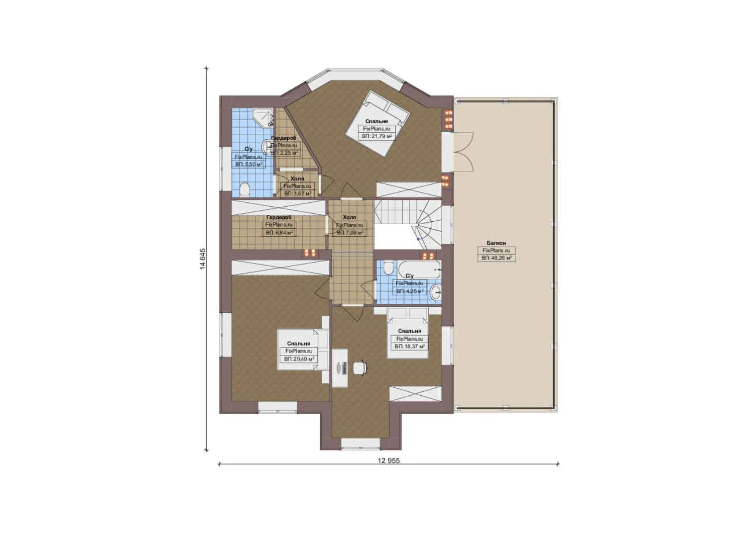 F-15974 - Планы двухэтажного дома 14 на 18, площадью 300 м² с террасой, балконом, гаражом на 1 машину и 4 спальнями