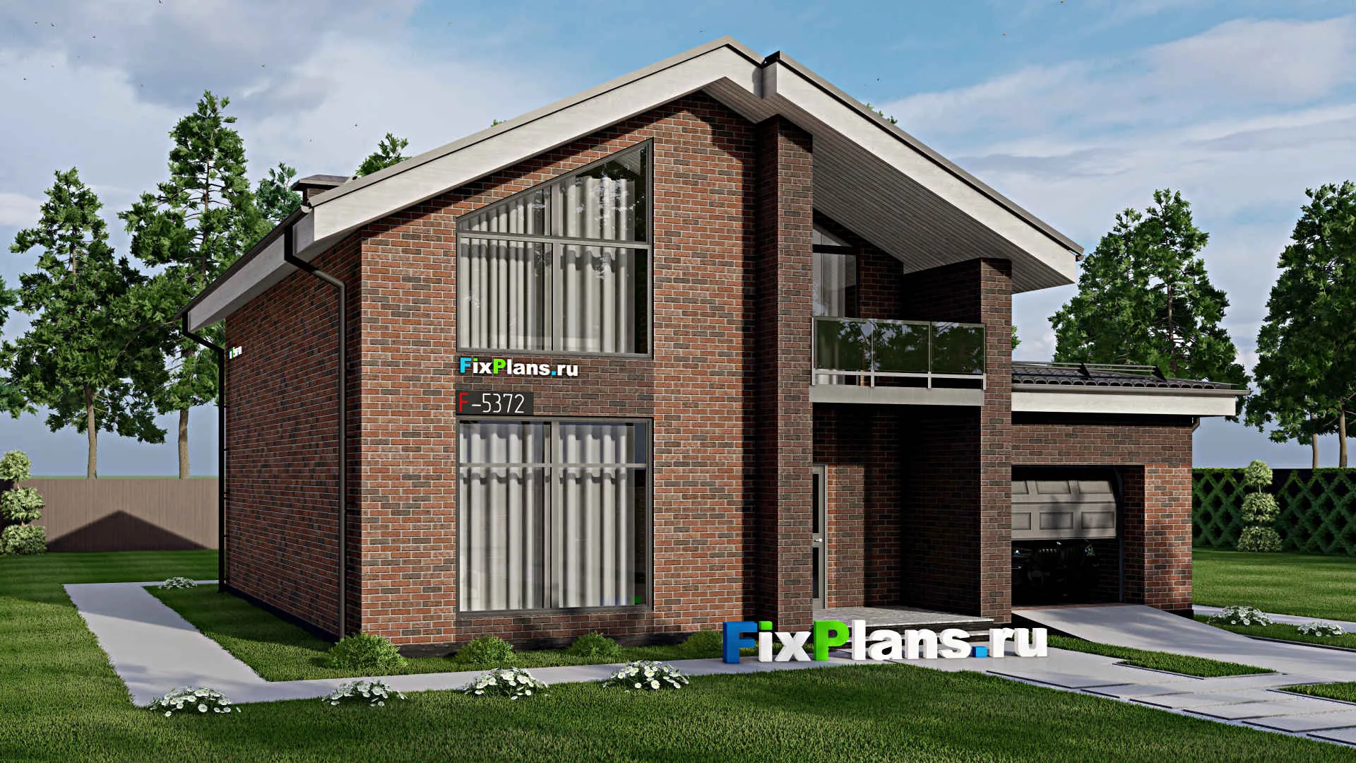 F-5372 - Проект дома с мансардой 13 на 13, площадью 200 м² с террасой, балконом, гаражом на 1 машину и 5 спальнями