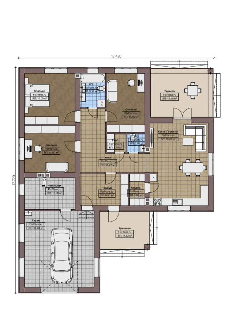 F-1673 - План одноэтажного дома 16 на 18, площадью 190 м² с террасой, гаражом на 1 машину и 3 спальнями