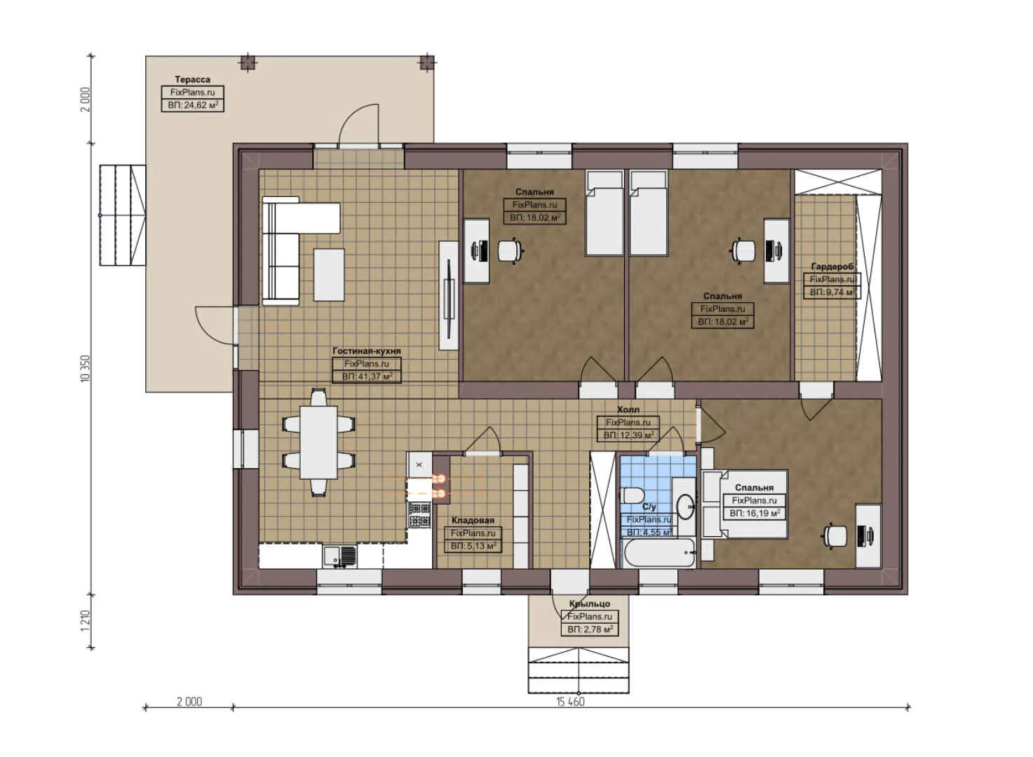 F-5291 - План одноэтажного дома 11 на 16, площадью 160 м² с террасой и 3 спальнями