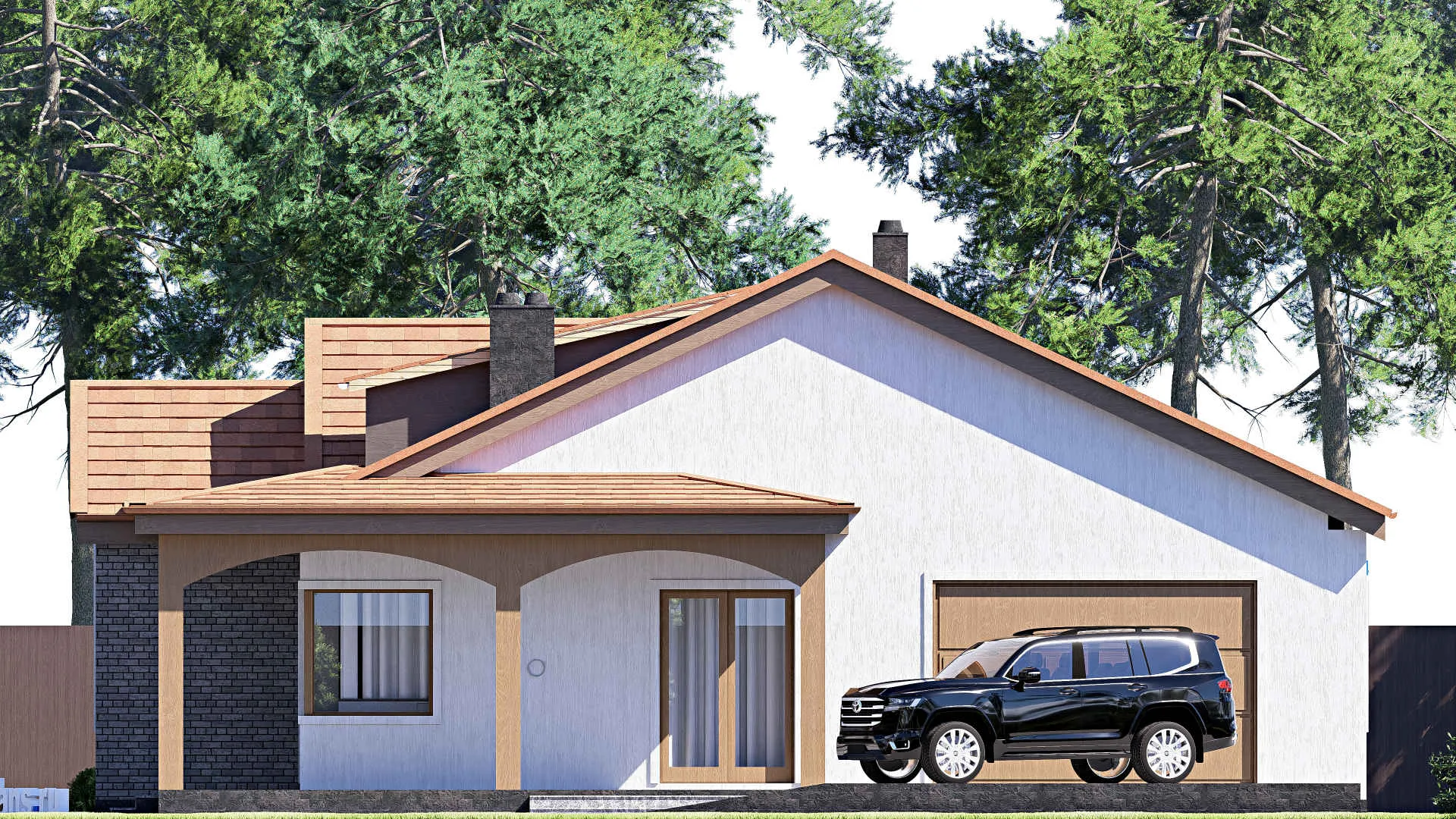 F-17153 - Проект одноэтажного дома 15 на 16, площадью 170 м² с террасой, гаражом на 1 машину и 2 спальнями