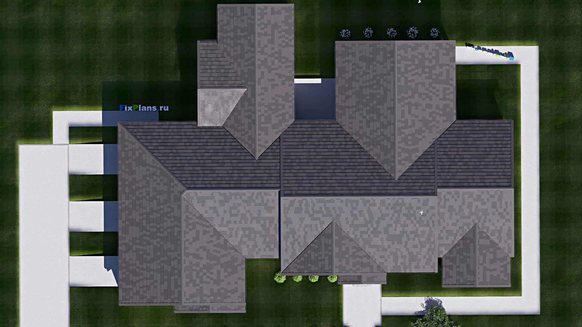 F-19853 - Проект одноэтажного дома 25 на 32, площадью 460 м² с террасой, гаражом на 2 машины и 4 спальнями