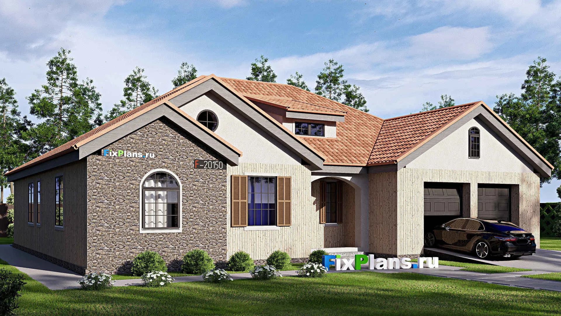 F-20150 - Проект одноэтажного дома 18 на 20, площадью 270 м² с террасой, гаражом на 2 машины и 2 спальнями