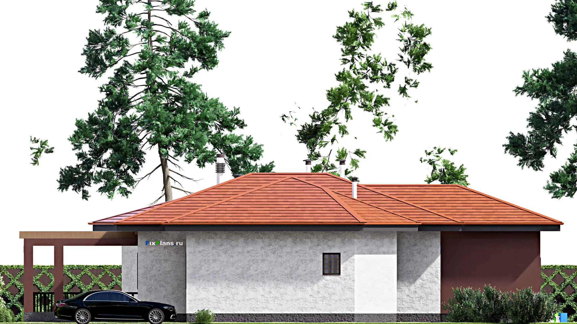 F-15209 - План одноэтажного дома 22 на 28, площадью 300 м² с террасой и 4 спальнями