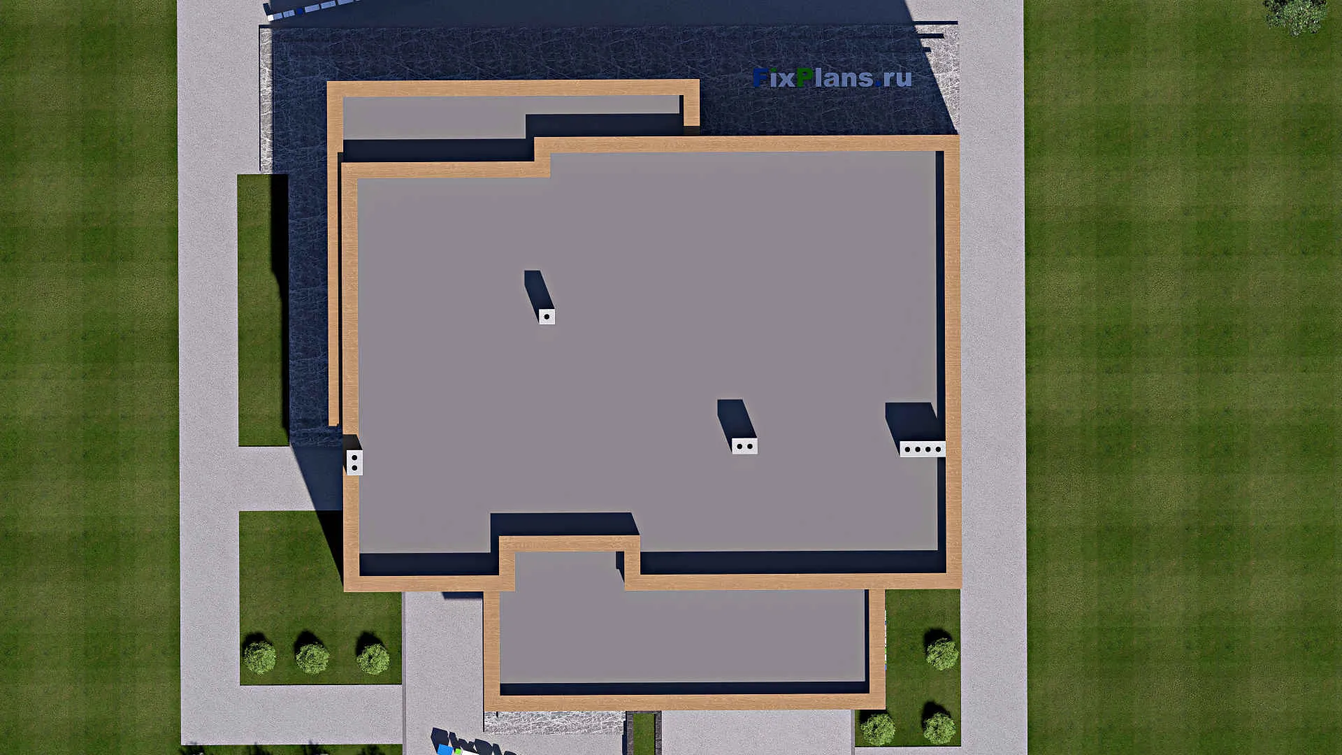 F-15839 - План одноэтажного дома 17 на 17, площадью 230 м² с террасой, гаражом на 2 машины и 3 спальнями