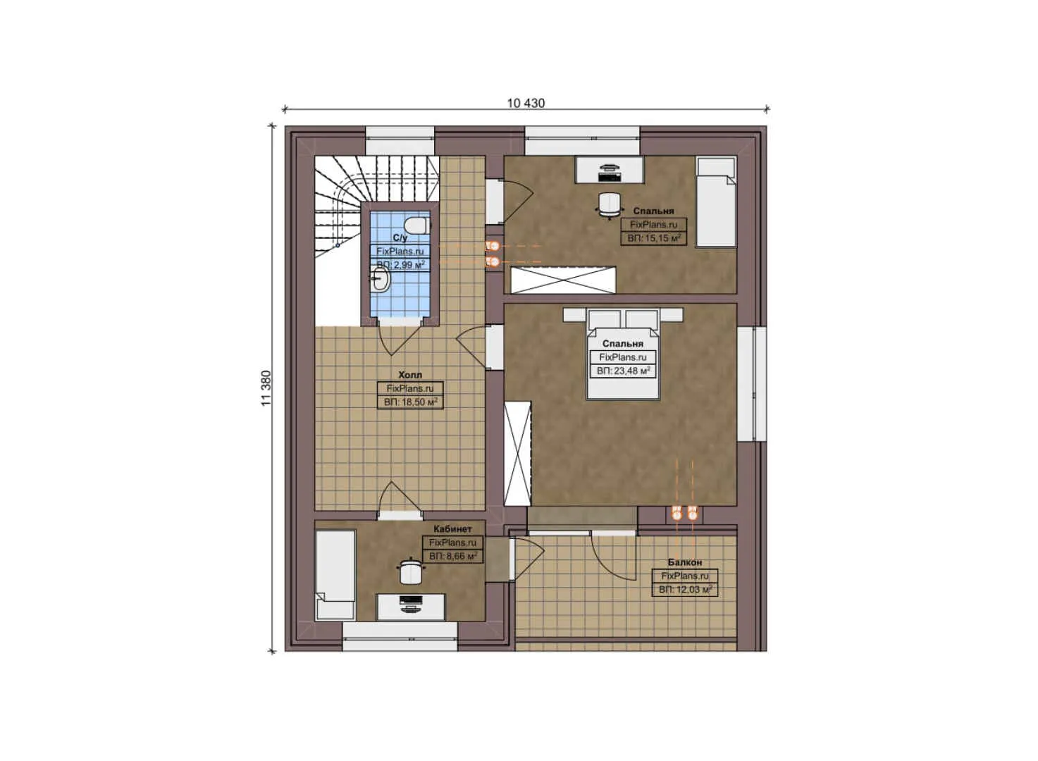 F-3734 - Планы дома с мансардой 12 на 15, площадью 200 м² с балконом, гаражом на 1 машину и 2 спальнями