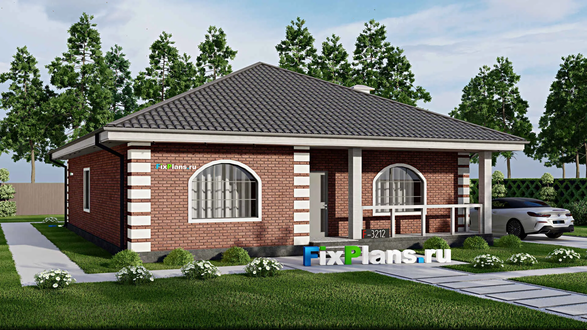F-3212 - Проект одноэтажного дома 13 на 16, площадью 160 м² с террасой и 3 спальнями