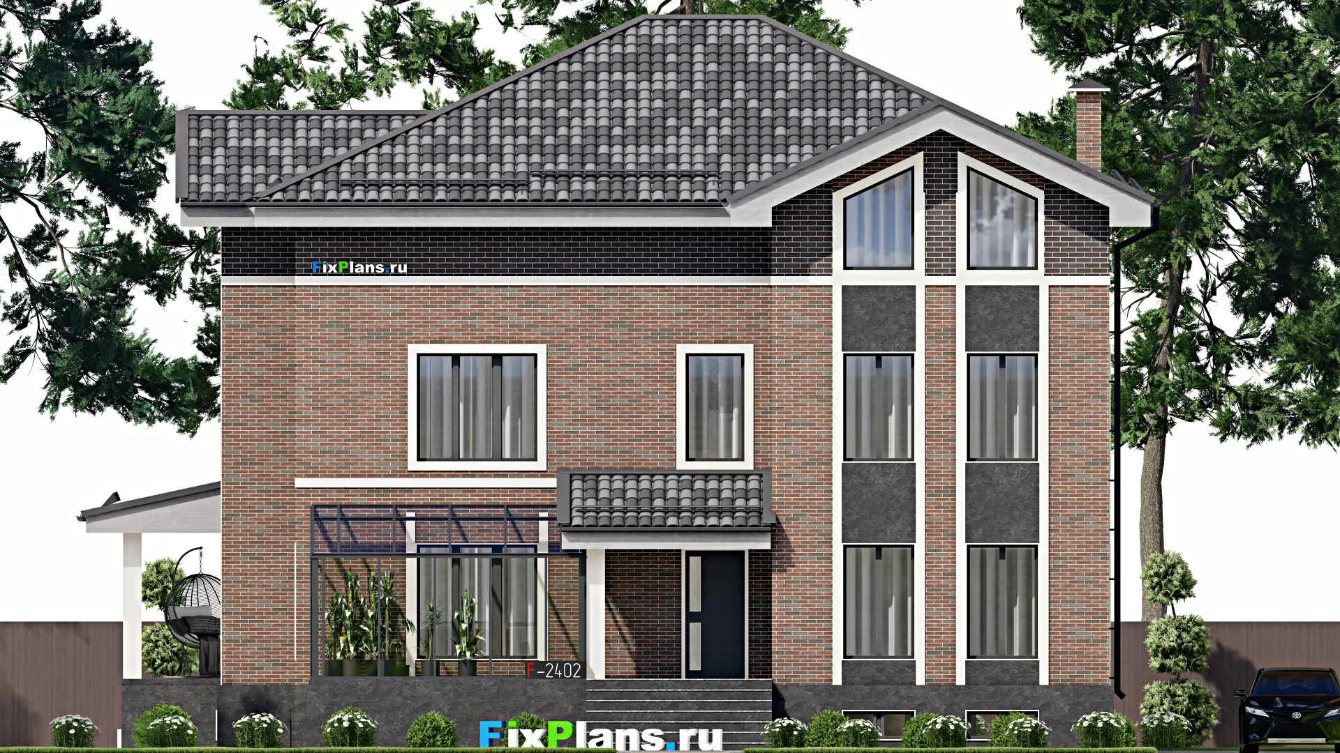 F-2402 - Проект двухэтажного дома с мансардой 14 на 15, площадью 330 м² с террасой и 8 спальнями