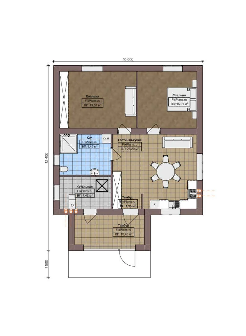 F-4373 - План одноэтажного дома 10 на 13, площадью 90 м² с 2 спальнями