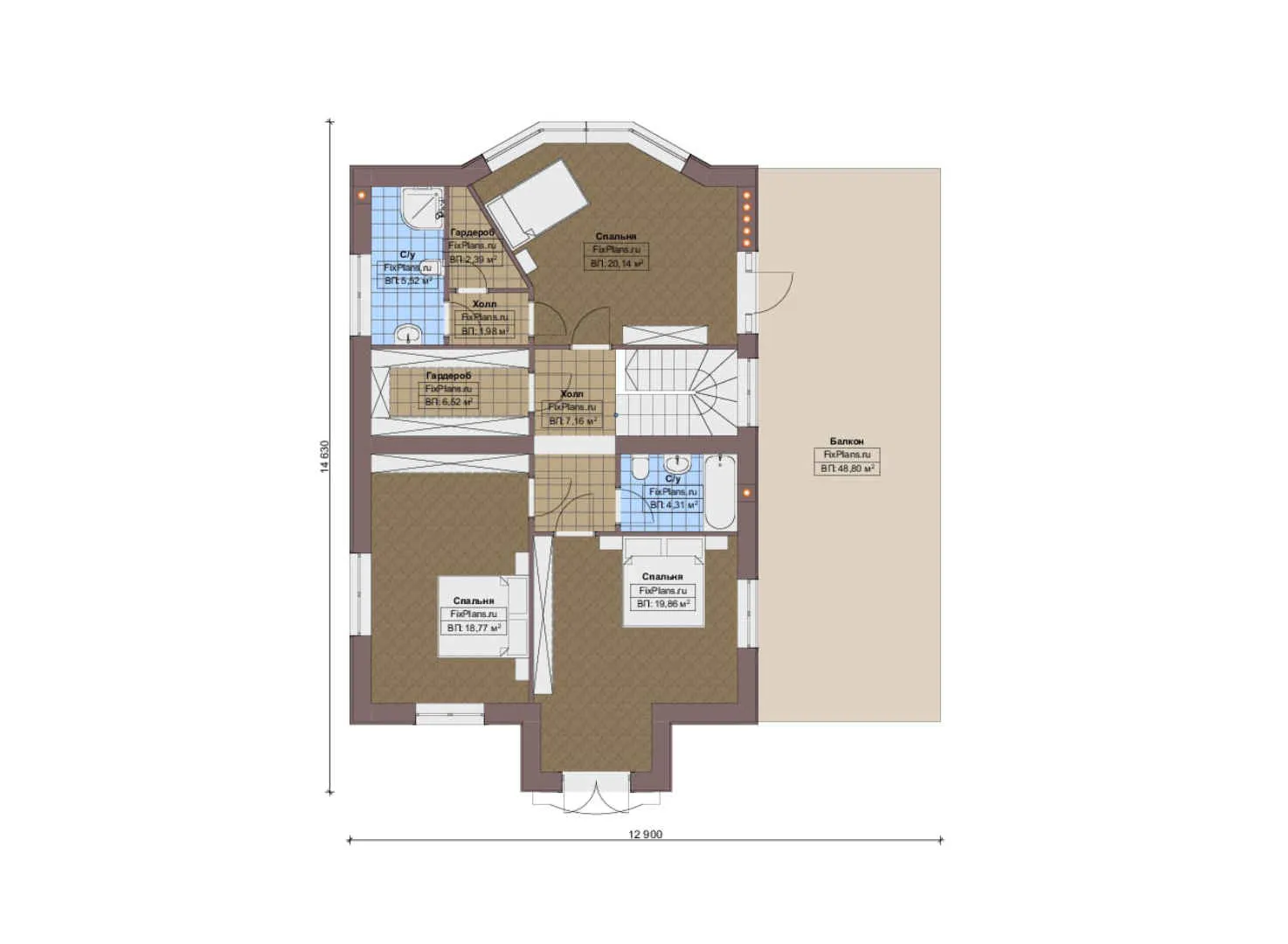 F-15911 - Планы двухэтажного дома 13 на 17, площадью 300 м² с террасой, балконом, гаражом на 1 машину и 4 спальнями