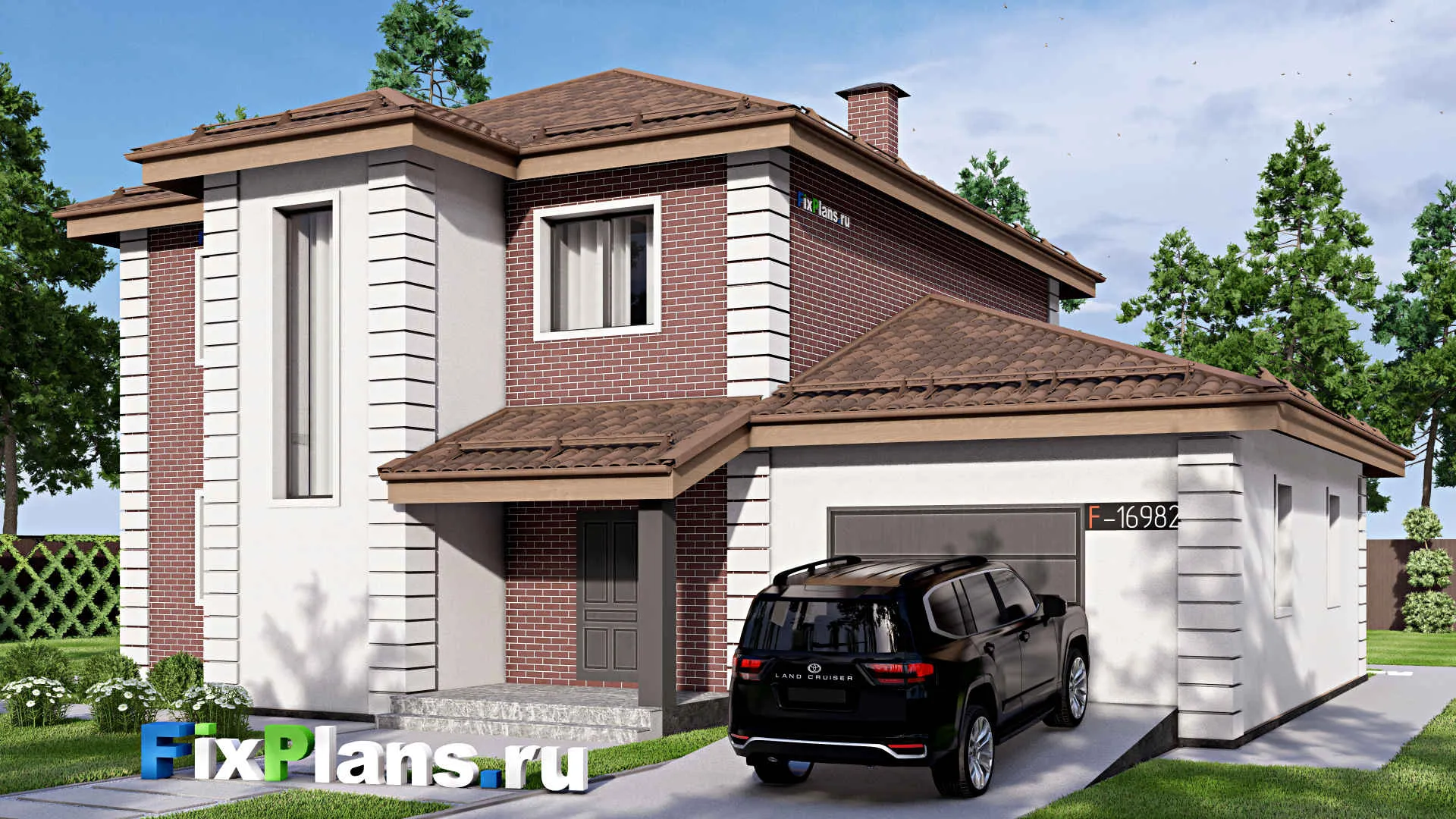 F-16982 - Проект двухэтажного дома 14 на 16, площадью 220 м² с гаражом на 2 машины и 4 спальнями