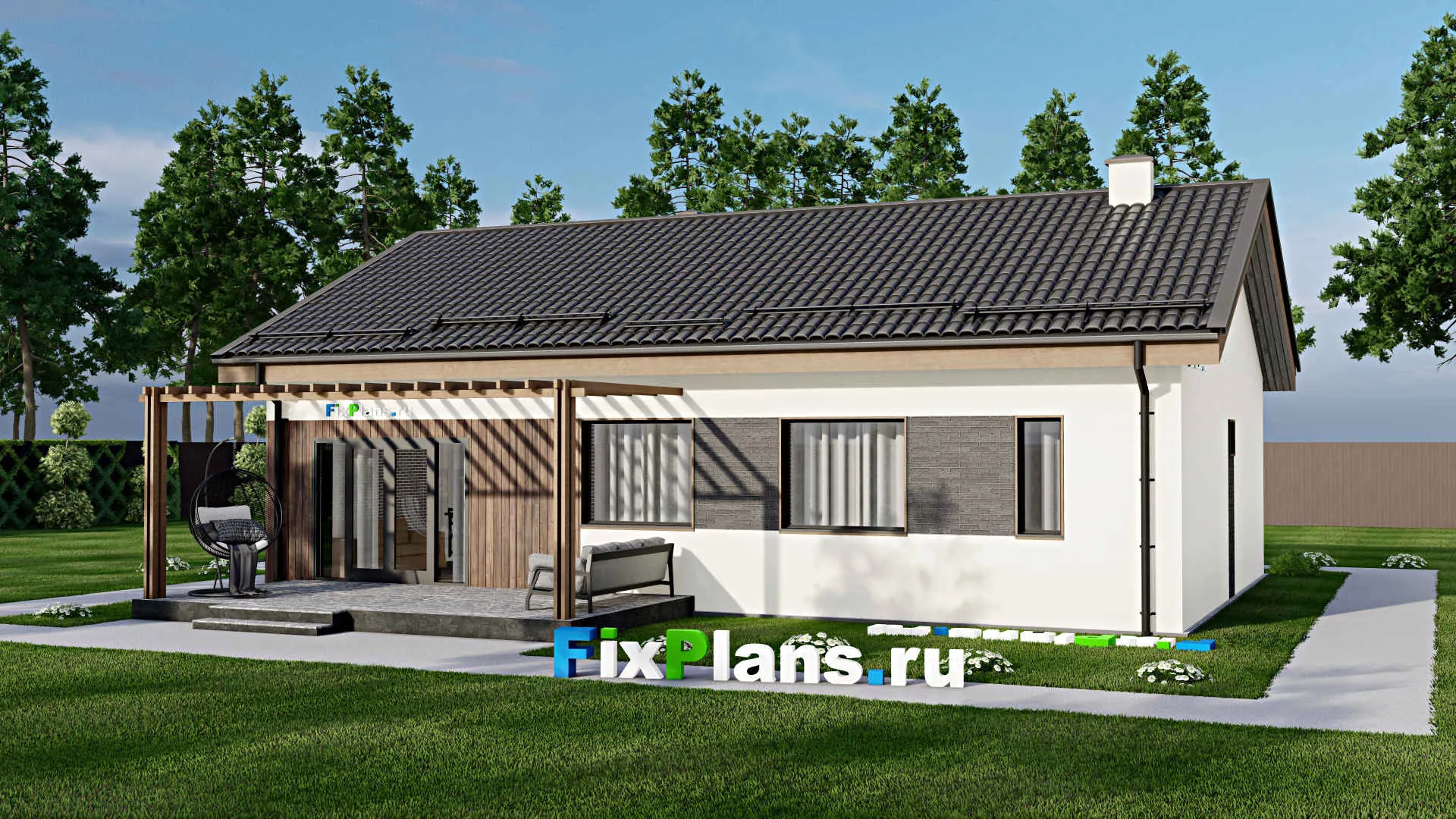 F-5597 - Проект одноэтажного дома 10 на 14, площадью 140 м² с террасой и 3 спальнями