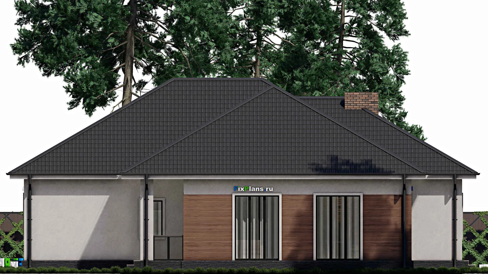 F-0215i - Проект одноэтажного дома 18 на 20, площадью 230 м² с террасой, гаражом на 2 машины и 3 спальнями