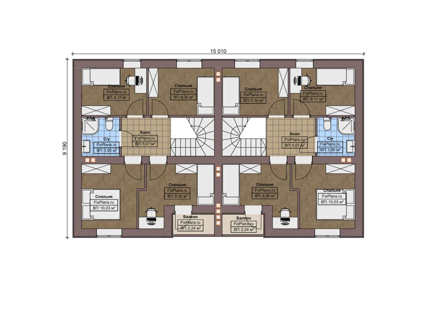 F-7226 - Планы двухэтажного дома 11 на 16, площадью 220 м² с балконом и 10 спальнями