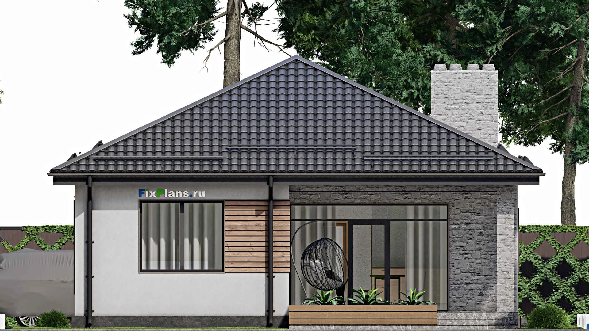 F-2357 - Проект одноэтажного дома 11 на 15, площадью 120 м² с террасой и 1 спальнями