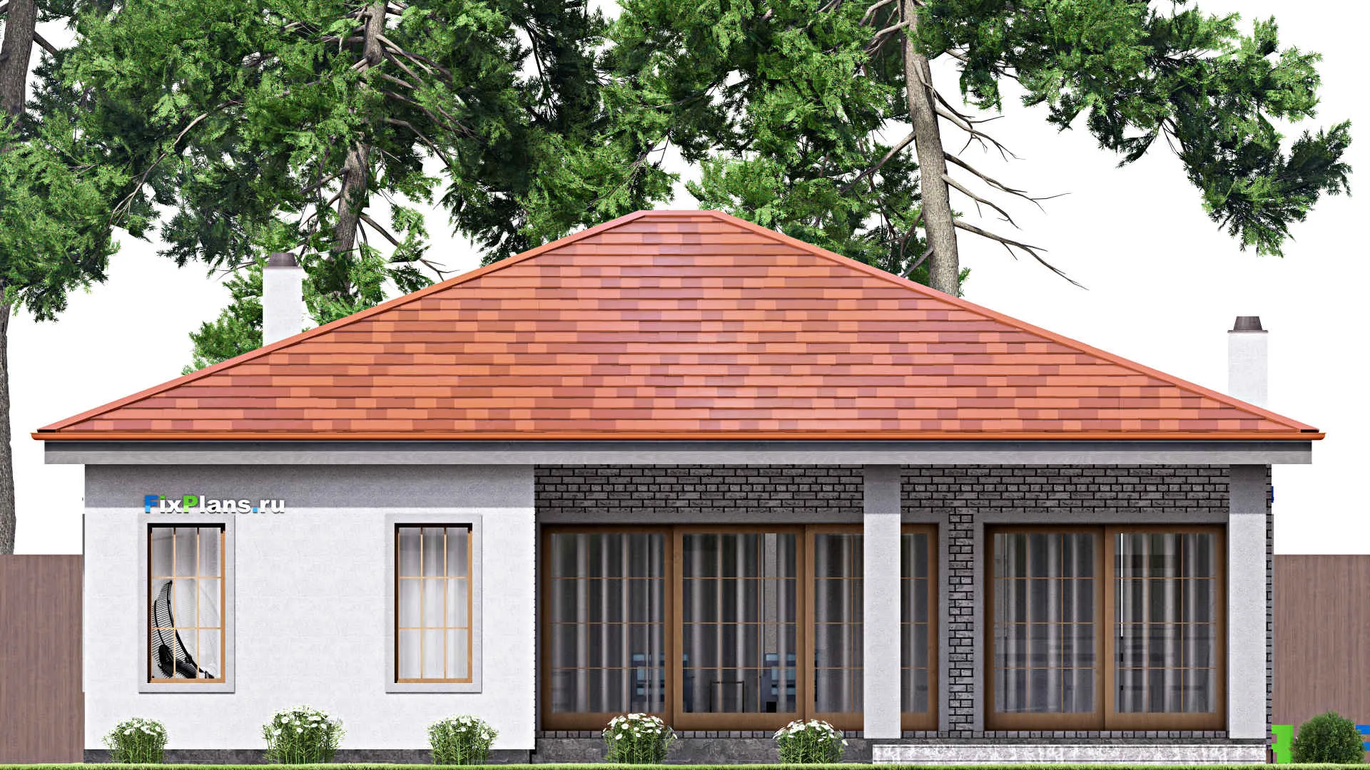 F-16865 - Проект одноэтажного дома 13 на 20, площадью 170 м² с террасой, гаражом на 2 машины и 2 спальнями