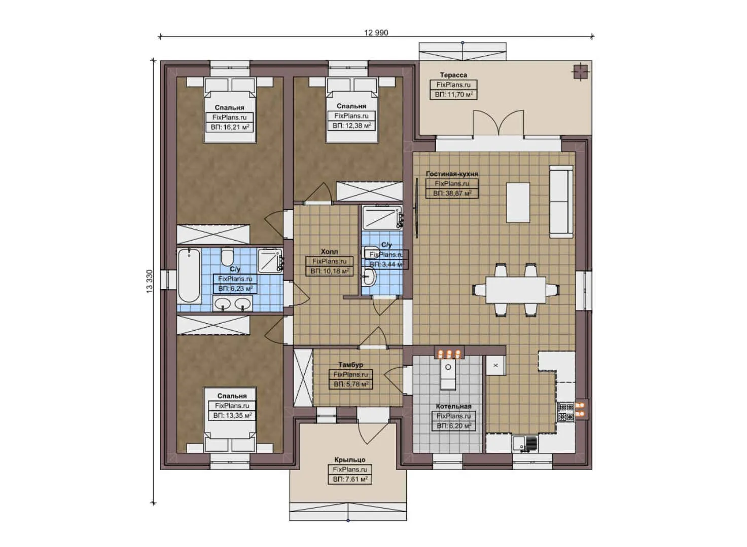 F-9998 - План одноэтажного дома 13 на 14, площадью 140 м² с террасой и 3 спальнями