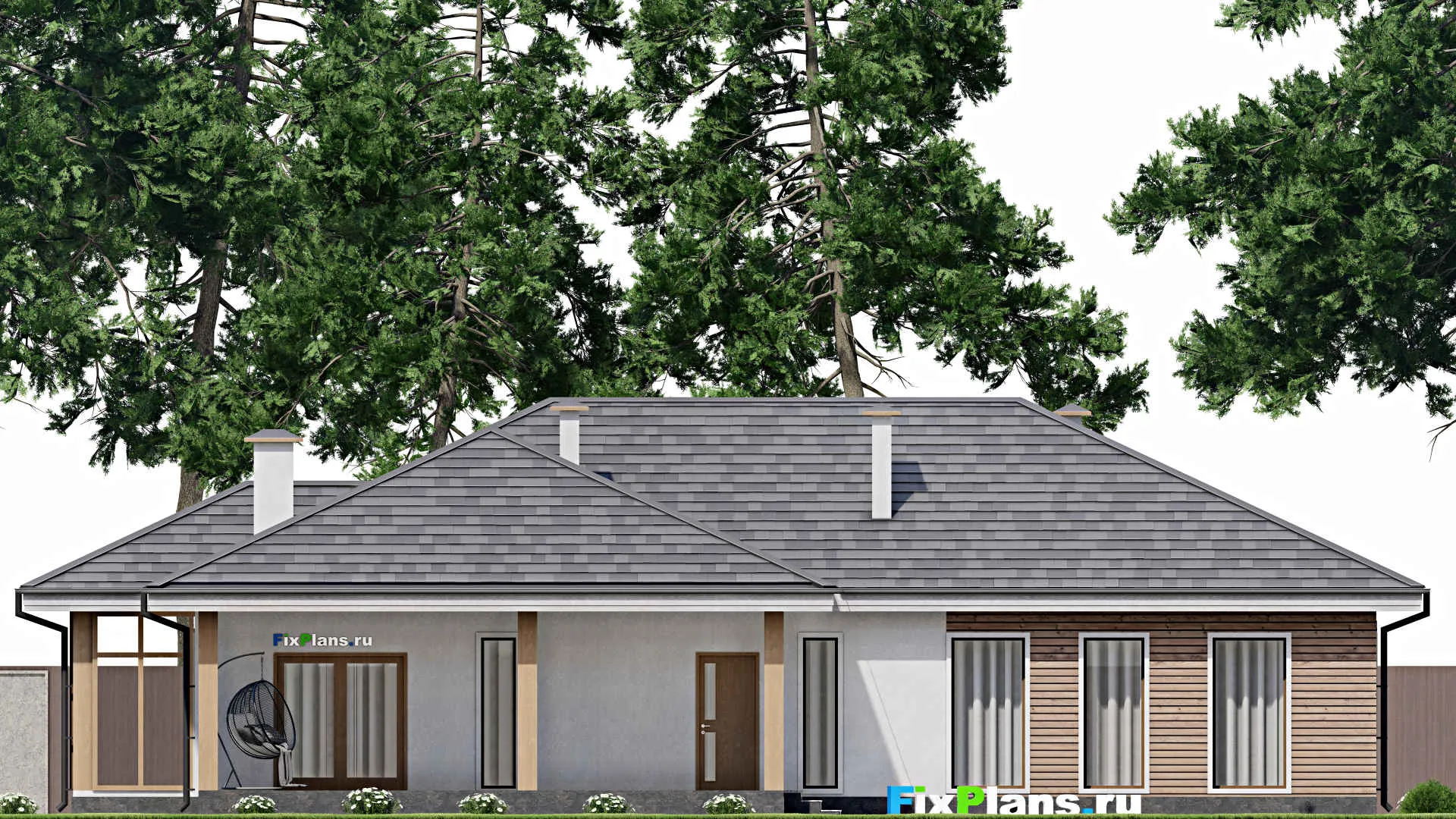 F-8450 - Проект одноэтажного дома 16 на 21, площадью 210 м² с террасой и 6 спальнями