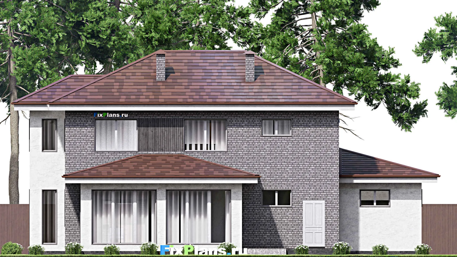 F-15191 - Проект двухэтажного дома 16 на 18, площадью 270 м² с террасой, гаражом на 2 машины и 4 спальнями