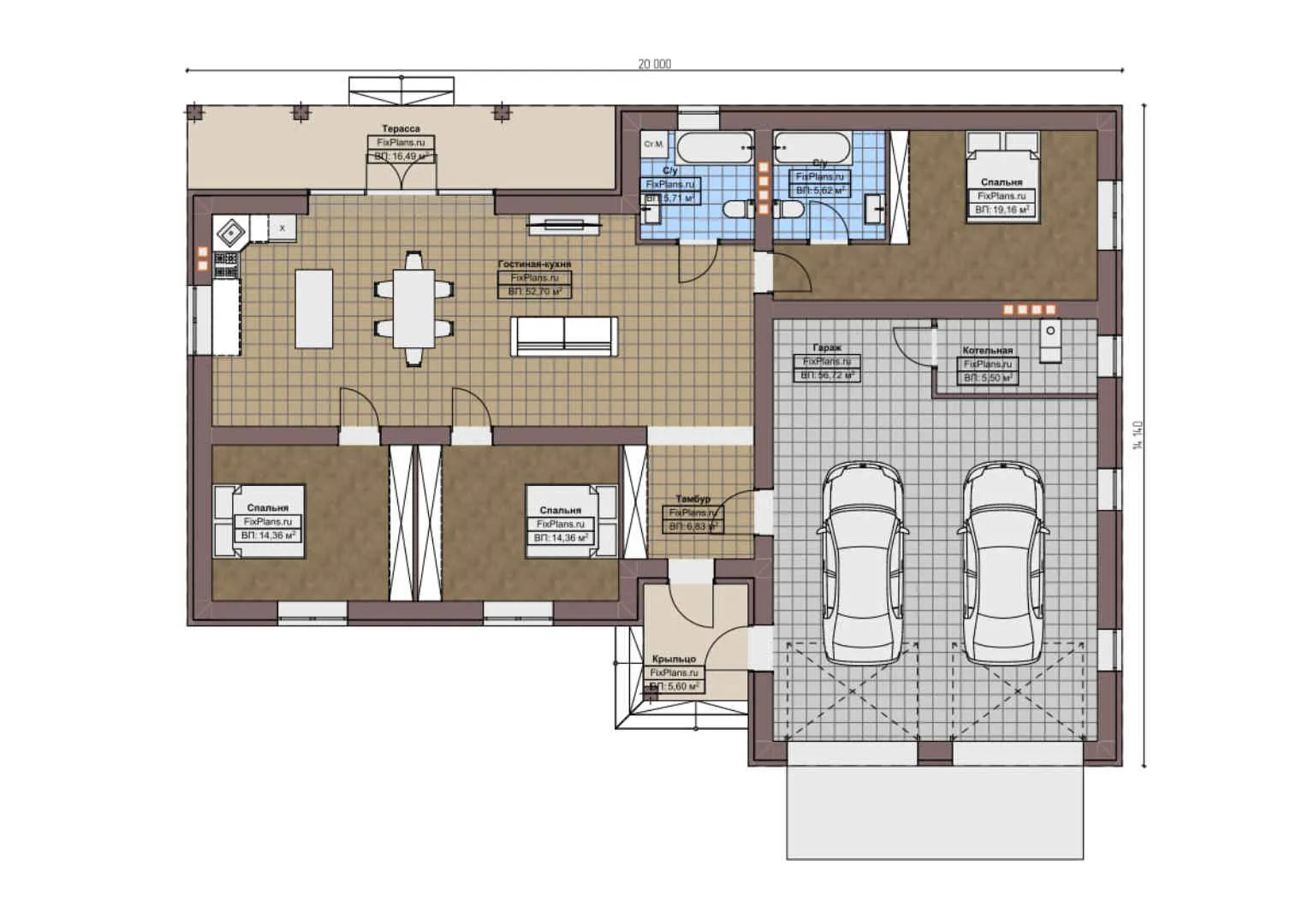 F-4976 - План одноэтажного дома 15 на 20, площадью 210 м² с террасой, гаражом на 2 машины и 3 спальнями