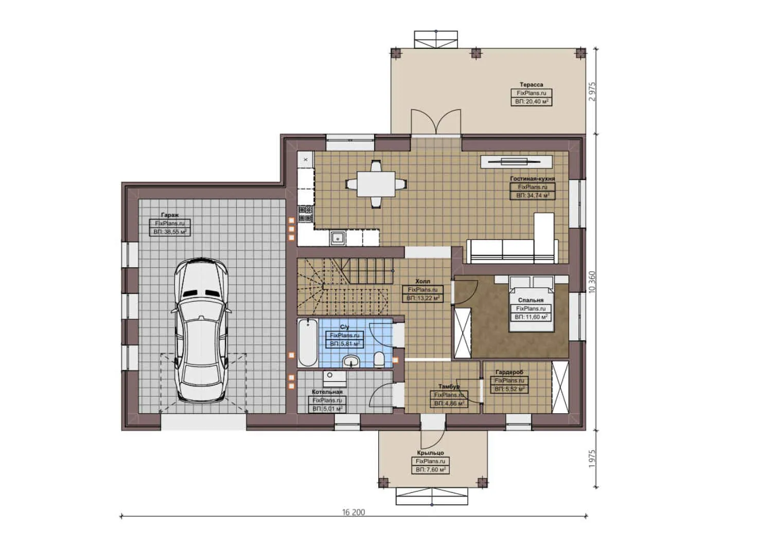 F-3797 - Планы двухэтажного дома 11 на 17, площадью 230 м² с террасой, гаражом на 2 машины и 4 спальнями