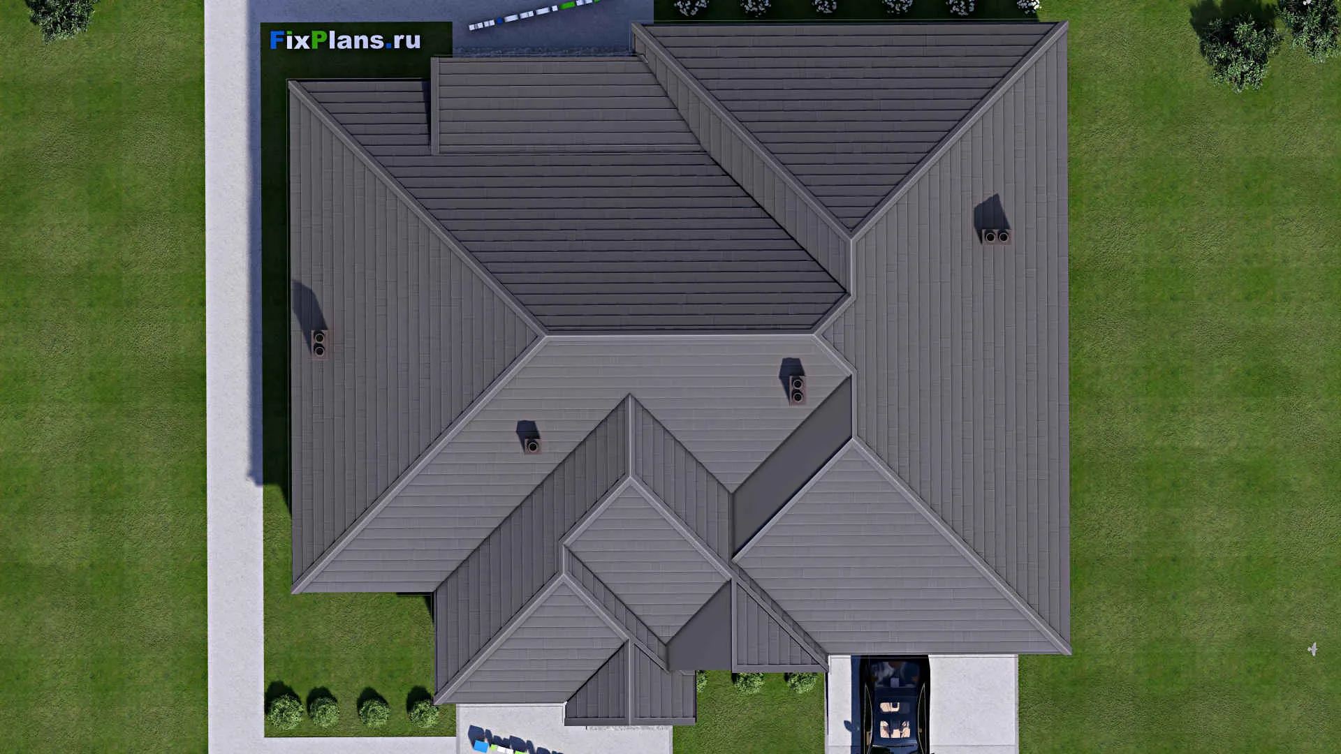 F-16955 - Проект одноэтажного дома 18 на 20, площадью 260 м² с террасой, гаражом на 2 машины и 3 спальнями