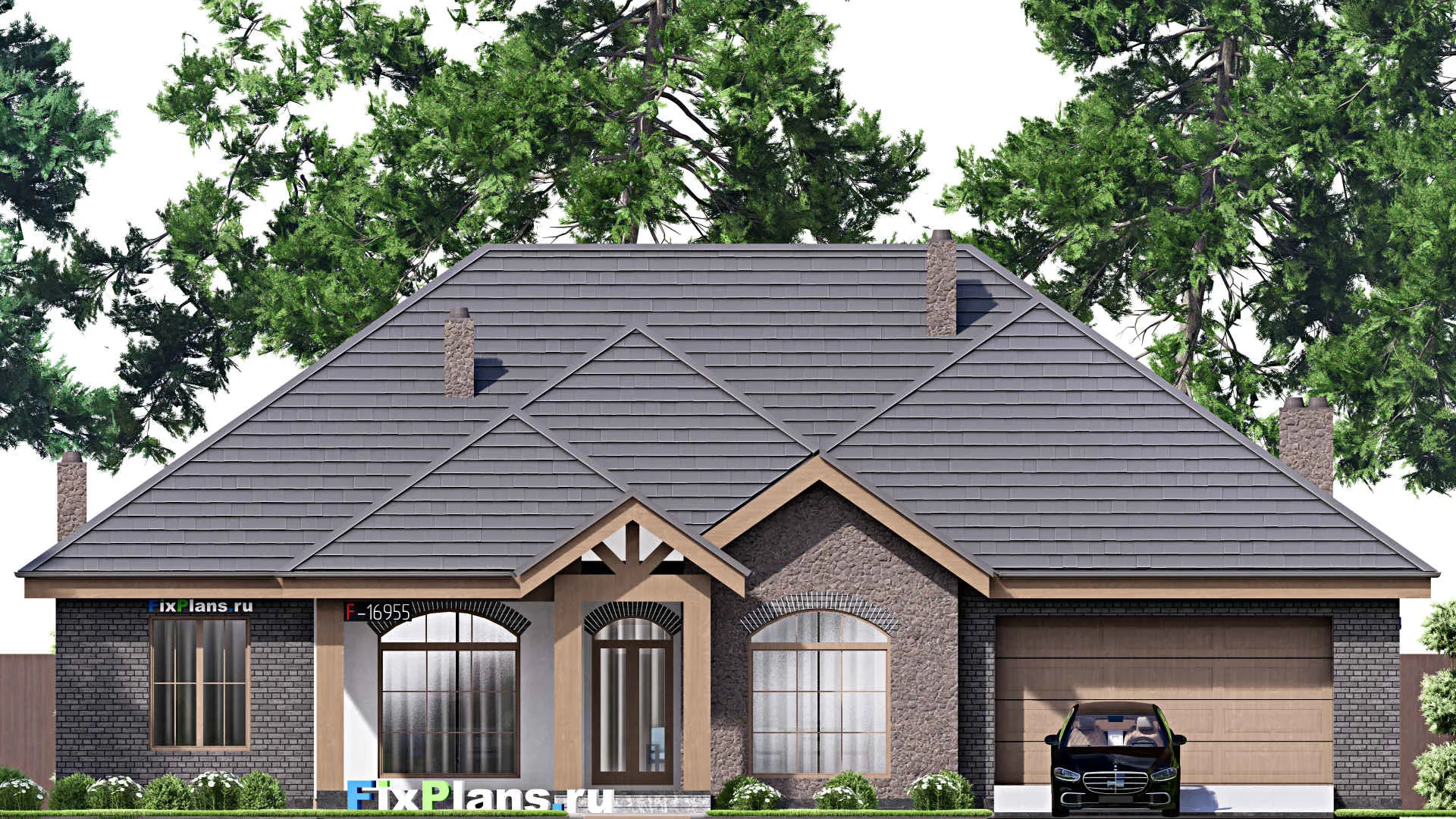 F-16955 - Проект одноэтажного дома 18 на 20, площадью 260 м² с террасой, гаражом на 2 машины и 3 спальнями