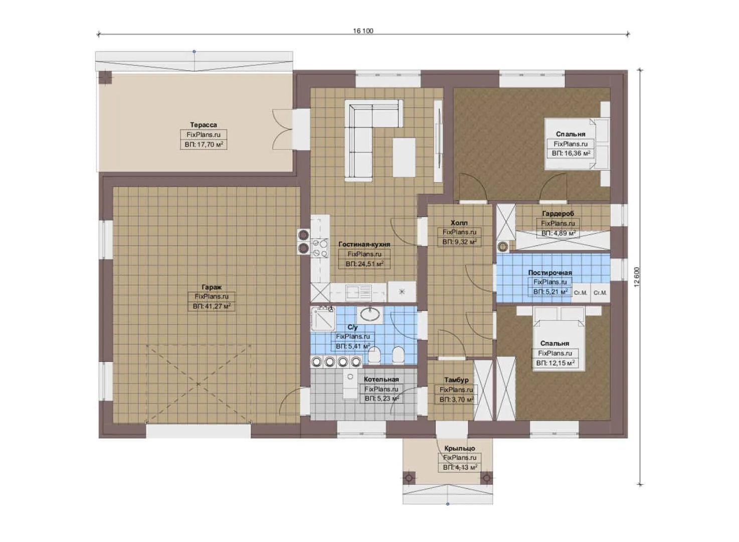F-14525 - План одноэтажного дома 13 на 17, площадью 150 м² с террасой, гаражом на 2 машины и 2 спальнями