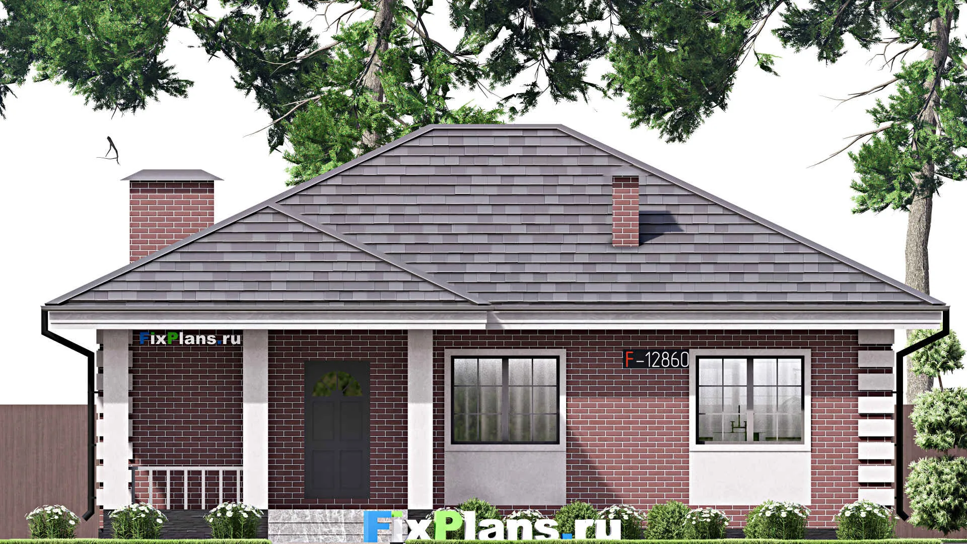 F-12860 - План одноэтажного дома 12 на 13, площадью 110 м² с террасой и 3 спальнями