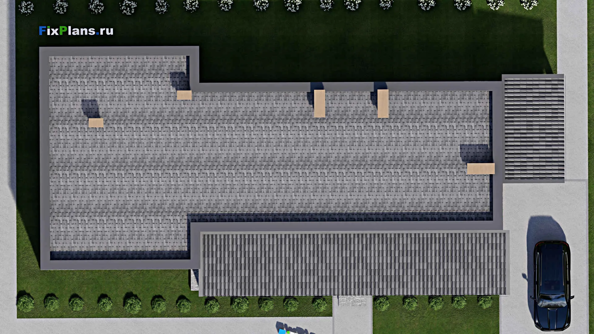 F-9485 - Проект одноэтажного дома 14 на 29, площадью 260 м² с террасой, баней и 3 спальнями