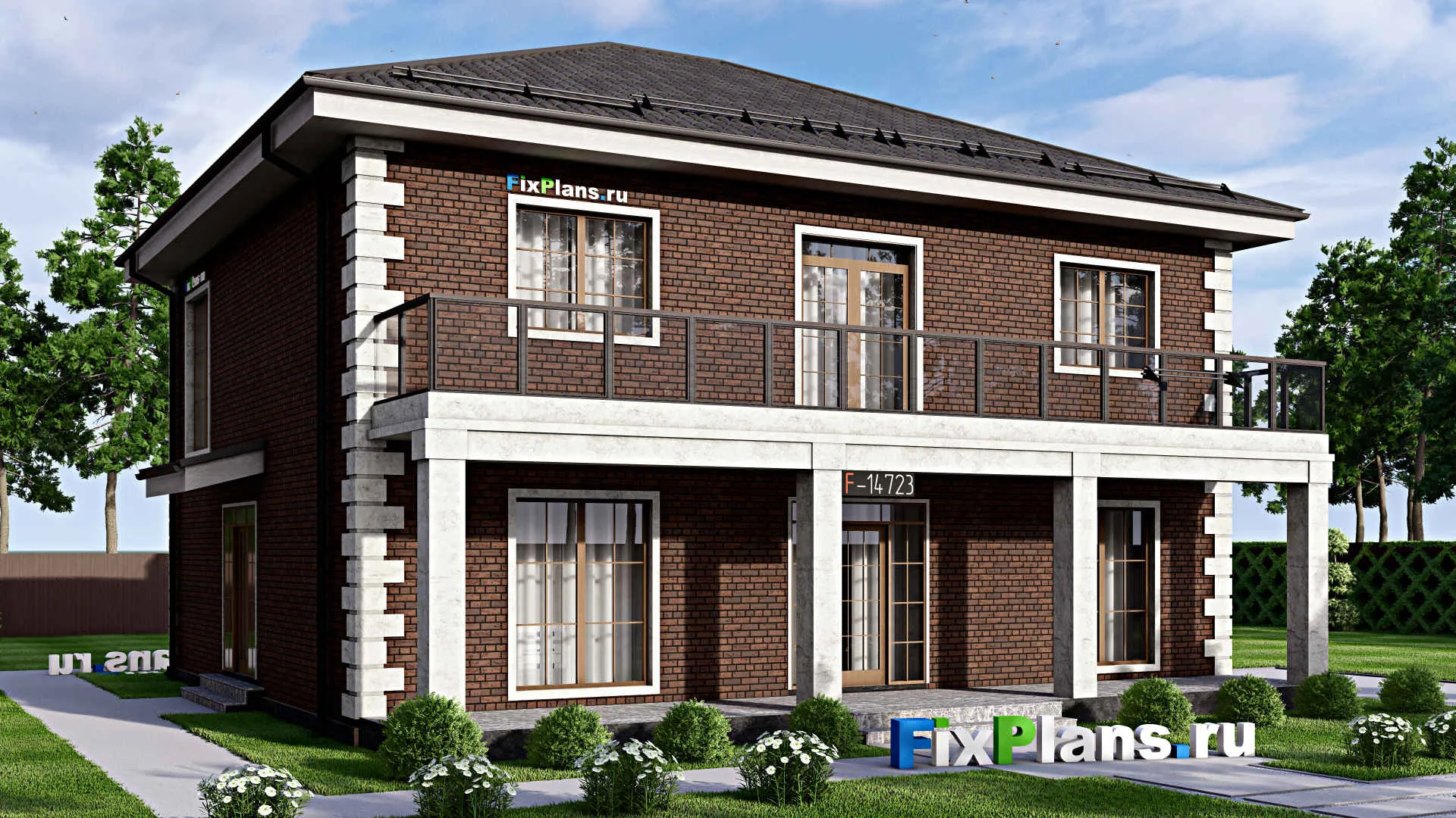 F-14723 - Проект двухэтажного дома 14 на 14, площадью 270 м² с террасой, балконом и 5 спальнями