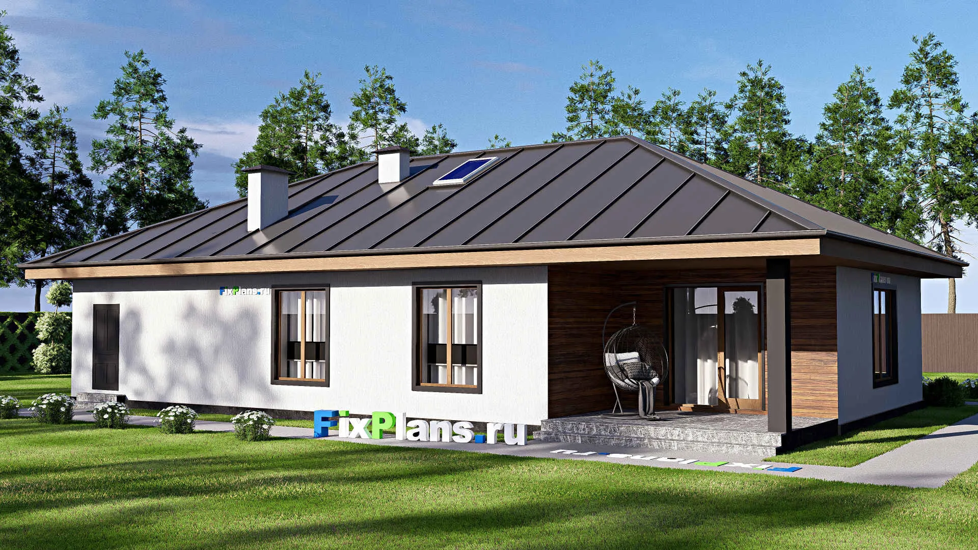 F-17909 - План одноэтажного дома 11 на 19, площадью 160 м² с террасой, гаражом на 2 машины и 3 спальнями