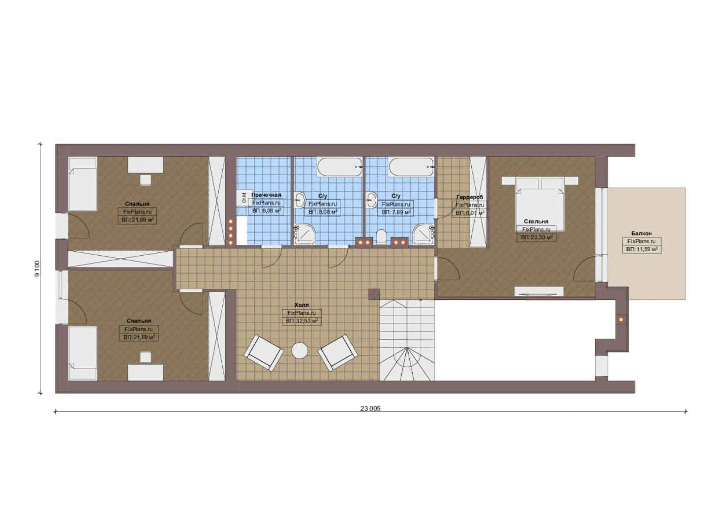 F-16199 - Планы дома с мансардой 11 на 24, площадью 320 м² с террасой, балконом, гаражом на 2 машины и 3 спальнями
