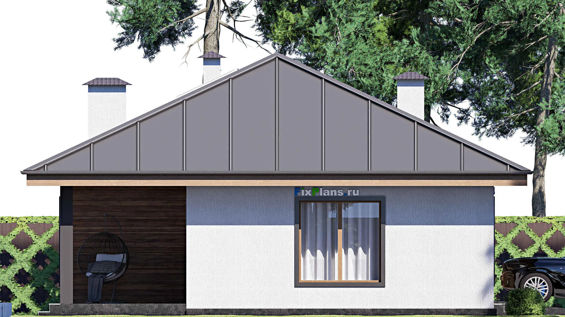 F-17909 - План одноэтажного дома 11 на 19, площадью 160 м² с террасой, гаражом на 2 машины и 3 спальнями