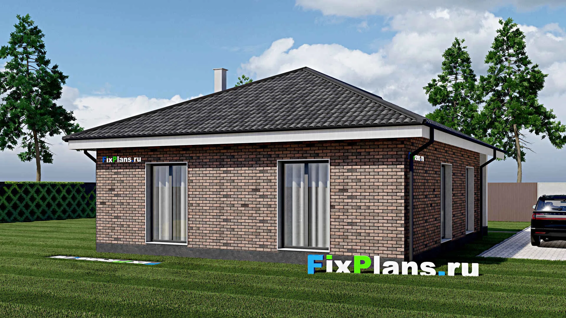 F-1277 - Проект одноэтажного дома 11 на 12, площадью 120 м² с террасой и 3 спальнями