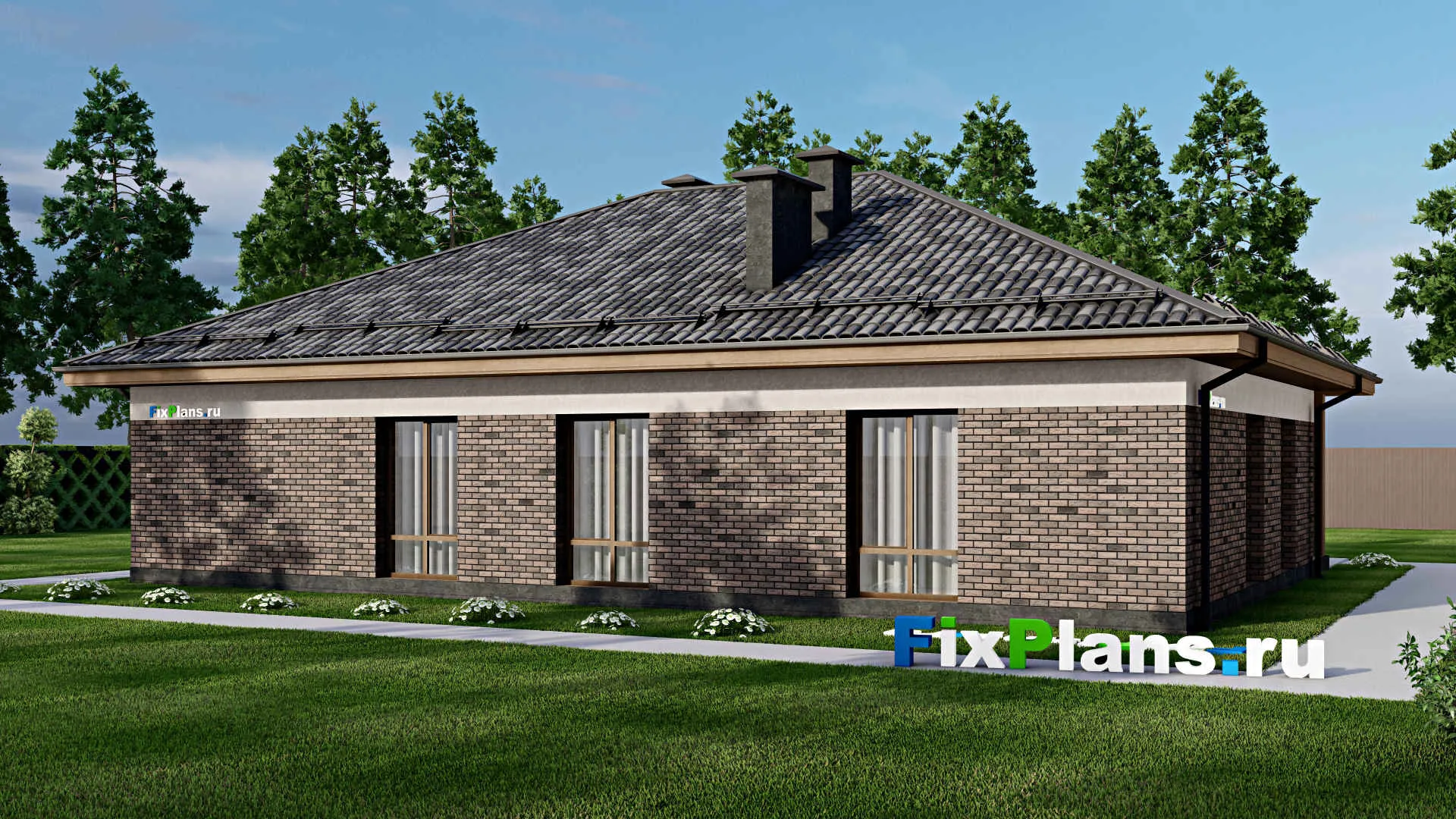 F-8072 - План одноэтажного дома 13 на 17, площадью 180 м² с террасой и 4 спальнями