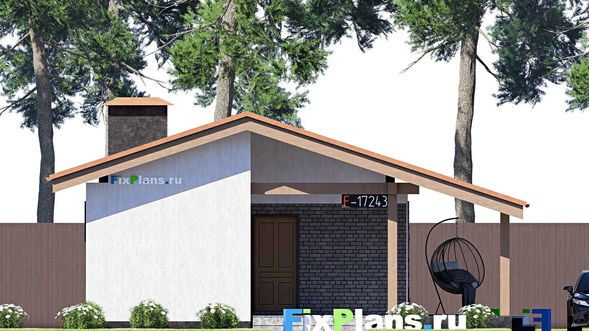 F-17243 - Проект одноэтажного дома 10 на 13, площадью 90 м² с террасой и 2 спальнями