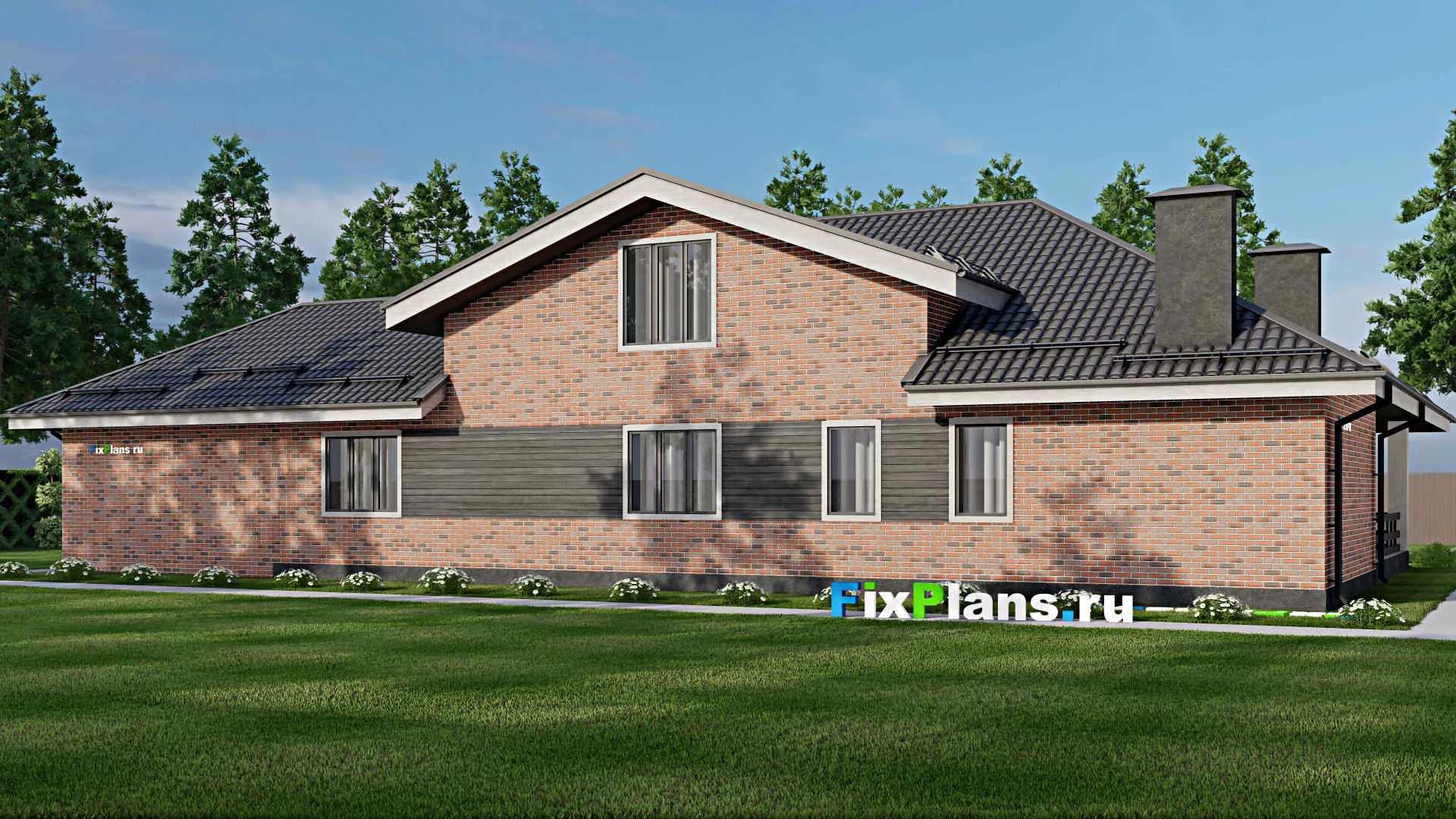 F-3779 - Проект дома с мансардой 15 на 26, площадью 400 м² с террасой, балконом, баней, гаражом на 1 машину и 3 спальнями