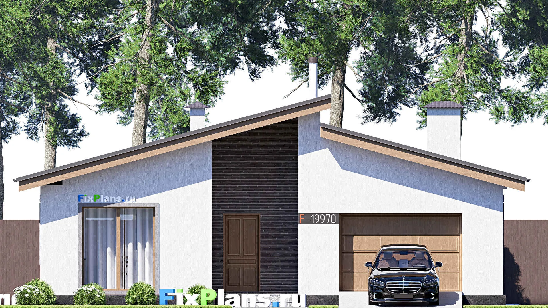 F-19970 - Проект одноэтажного дома 13 на 17, площадью 170 м² с террасой, гаражом на 1 машину и 3 спальнями