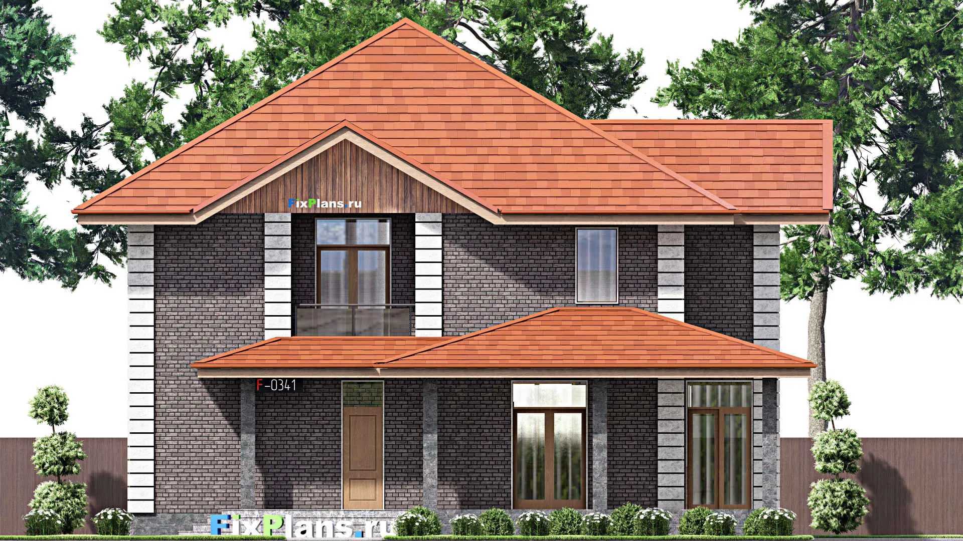 F-0341 - Проект двухэтажного дома 14 на 15, площадью 250 м² с террасой, балконом и 4 спальнями