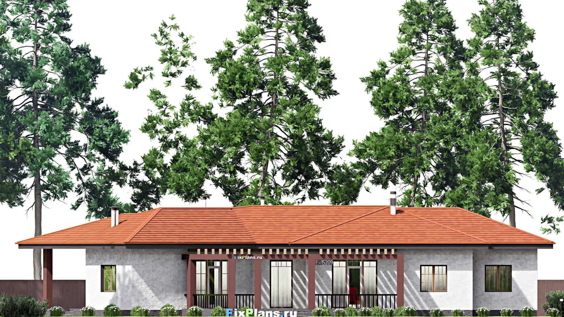 F-15209 - План одноэтажного дома 22 на 28, площадью 300 м² с террасой и 4 спальнями