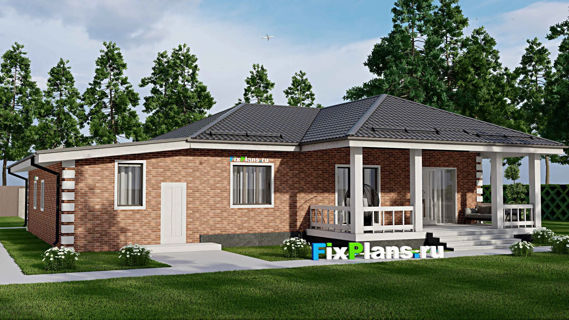 F-3896 - Проект одноэтажного дома 13 на 18, площадью 220 м² с террасой, гаражом на 1 машину и 3 спальнями