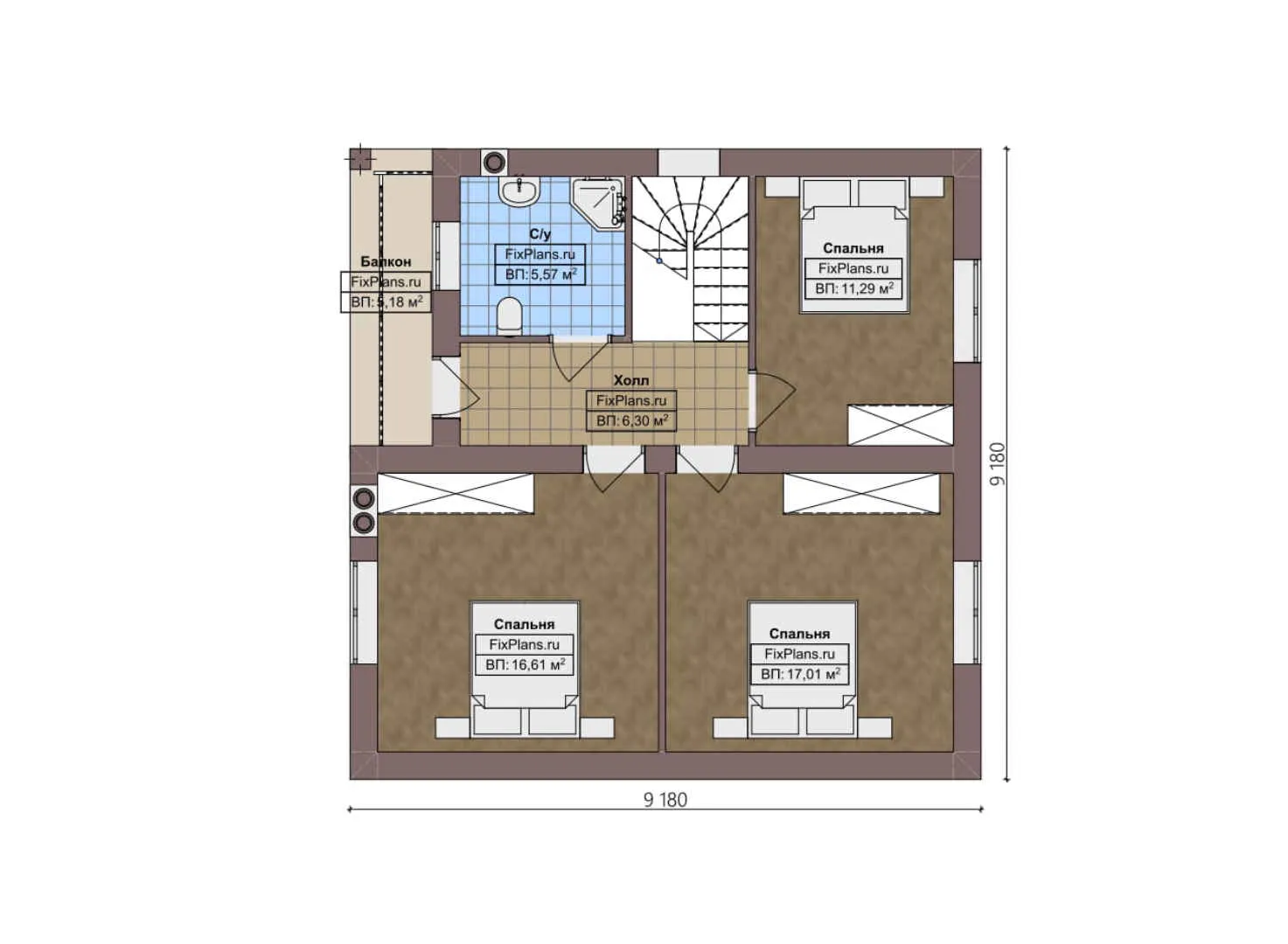 F-4022 - Планы дома с мансардой 10 на 10, площадью 130 м² с балконом и 4 спальнями