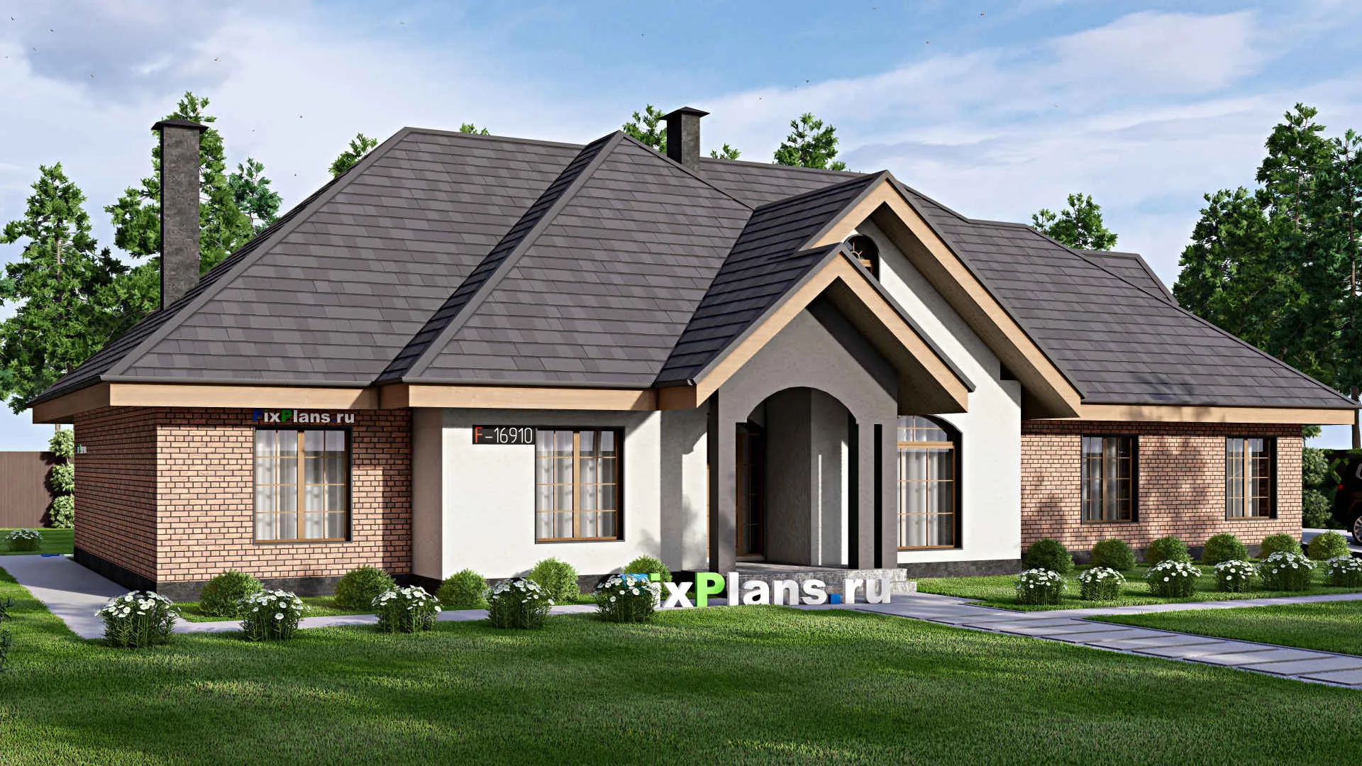 F-16910 - Проект одноэтажного дома 18 на 24, площадью 290 м² с террасой, гаражом на 2 машины и 4 спальнями